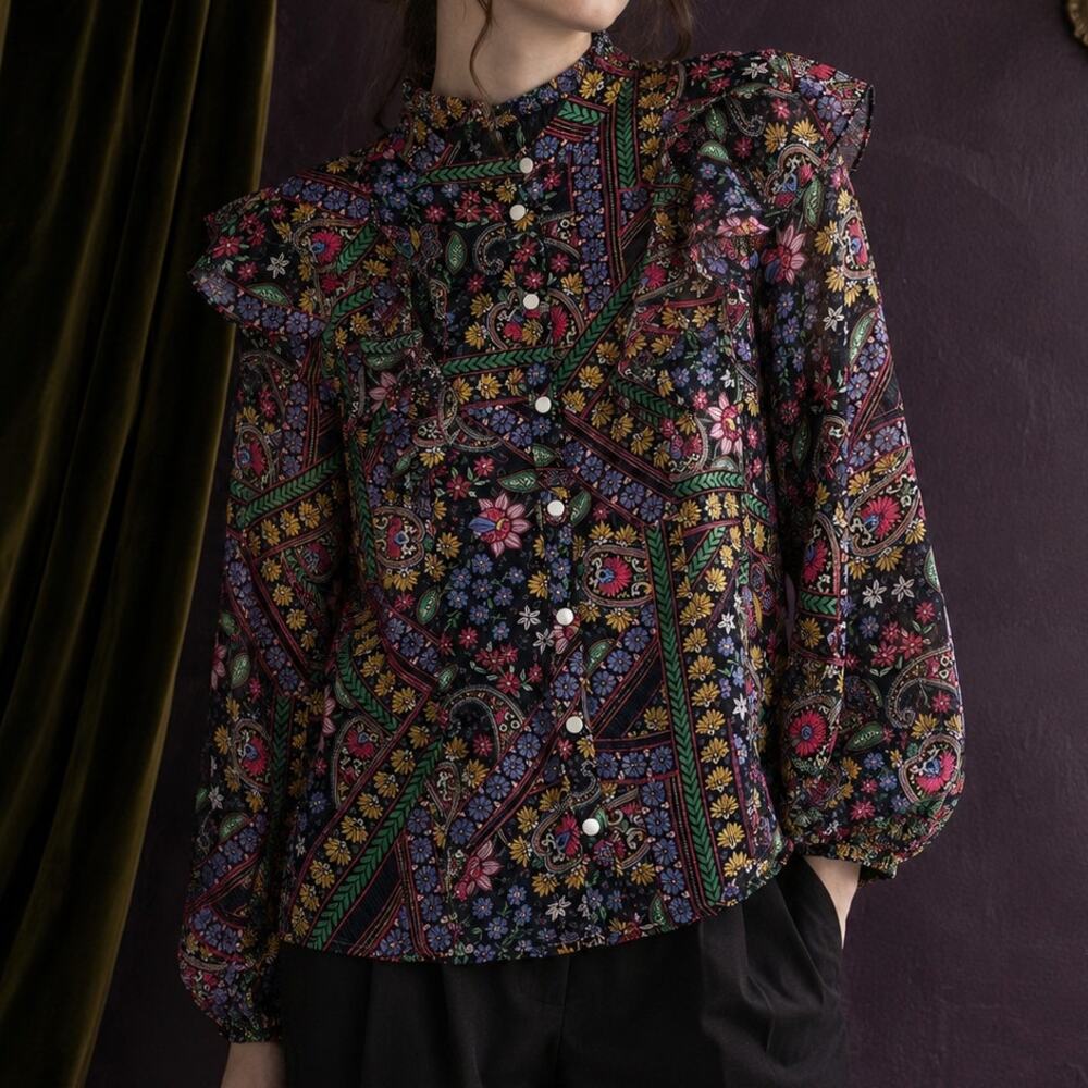 FATE Black Paisley Floral Ruffle Puff Sleeve Blouse M Whimsygoth Boho